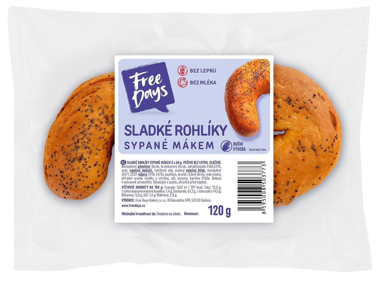 FreeDays Rohlík sladký sypaný mákem, bez lepku, 2 ks