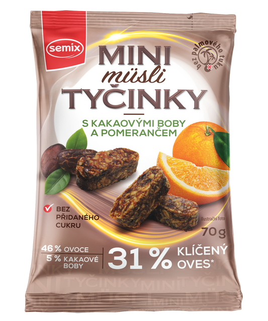 Semix Mini müsli tyčinky s kakaov boby a pomerančem bez lepku