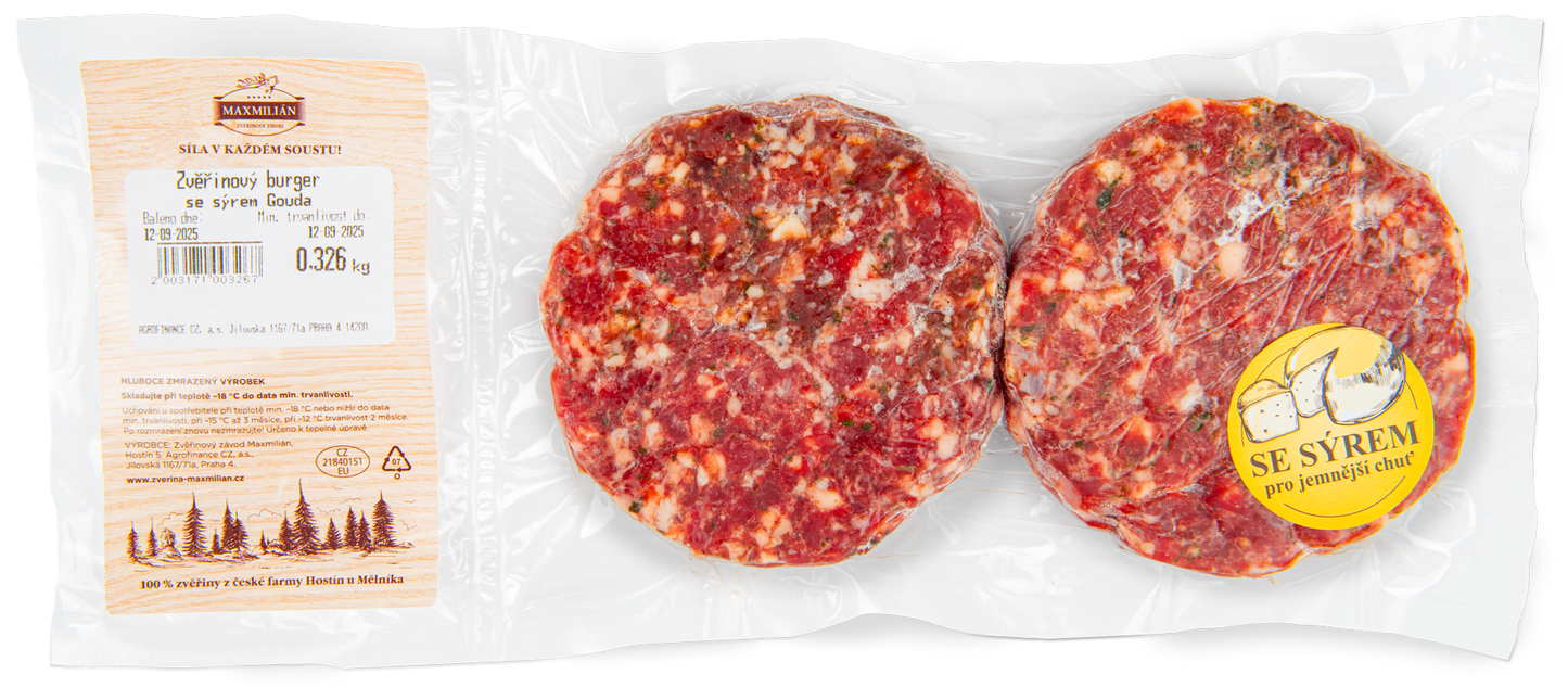 Maxmilián Zvěřinový burger se sýrem Gouda, 2x150g, mražený
